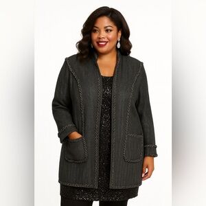Liorah Women's Black Wool Blend Open Front Jacket‎ Coat 18 Ribbon Trim Pockets